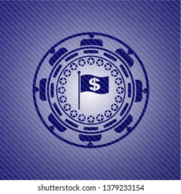 flag with money symbol inside icon inside badge with denim texture