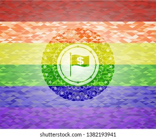 flag with money symbol inside icon inside emblem on mosaic background with the colors of the LGBT flag