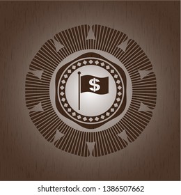 flag with money symbol inside icon inside retro style wooden emblem