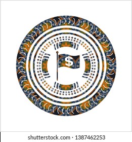 flag with money symbol inside icon inside arabesque style emblem. arabic decoration.