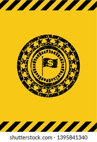 flag with money symbol inside icon black grunge emblem inside yellow warning sign. Vector Illustration. Detailed.