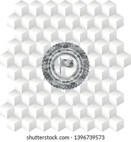 flag with money symbol inside icon inside grey badge with geometric cube white background