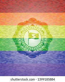 flag with money symbol inside icon on mosaic background with the colors of the LGBT flag