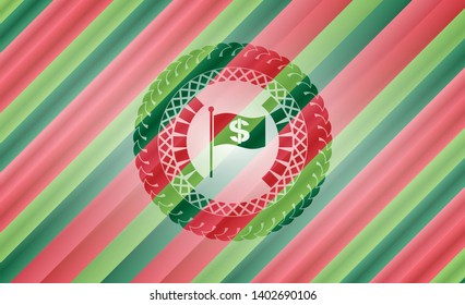 flag with money symbol inside icon inside christmas emblem.
