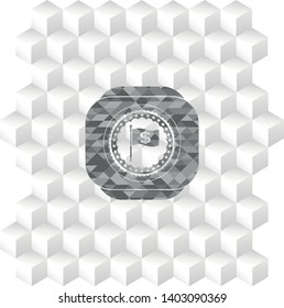 flag with money symbol inside icon inside grey emblem with cube white background