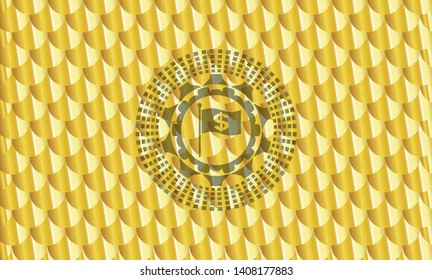 flag with money symbol inside icon inside golden emblem. Scales pattern. Vector Illustration. Detailed.