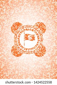 flag with money symbol inside icon inside orange mosaic emblem