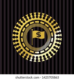 flag with money symbol inside icon inside gold badge