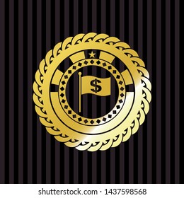 flag with money symbol inside icon inside gold emblem or badge