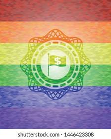 flag with money symbol inside icon on mosaic background with the colors of the LGBT flag