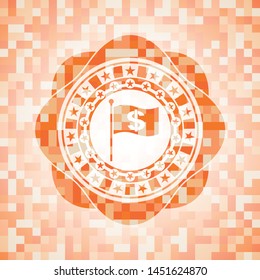 flag with money symbol inside icon inside orange tile background illustration. Square geometric mosaic seamless pattern with emblem inside.