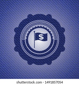 flag with money symbol inside icon inside badge with denim texture