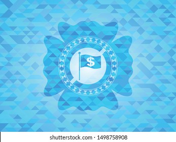 flag with money symbol inside icon inside light blue emblem. Mosaic background