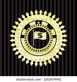 flag with money symbol inside icon inside gold badge