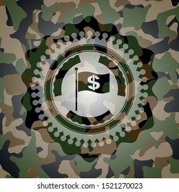 flag with money symbol inside icon inside camouflaged emblem