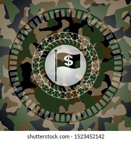 flag with money symbol inside icon on camouflage pattern