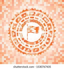 flag with money symbol inside icon inside abstract orange mosaic emblem with background