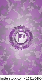 flag with money symbol inside icon inside pink camouflaged emblem