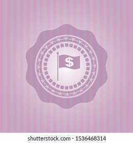 flag with money symbol inside icon inside pink emblem. Retro