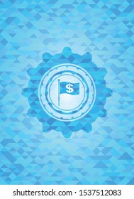 flag with money symbol inside icon inside sky blue mosaic emblem