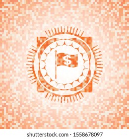 flag with money symbol inside icon inside orange mosaic emblem with background