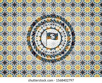 flag with money symbol inside icon inside arabic style badge. Arabesque decoration.