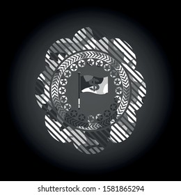 flag with money symbol inside icon inside grey camo emblem
