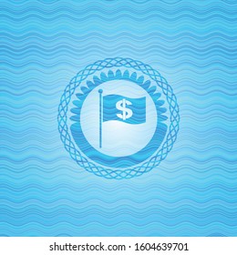 flag with money symbol inside icon inside water representation emblem.