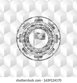 flag with money symbol inside icon inside grey icon or emblem with geometric cube white background