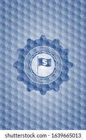 flag with money symbol inside icon inside blue badge with geometric background.