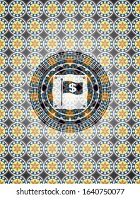 flag with money symbol inside icon inside arabesque style emblem. arabic decoration.
