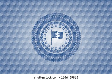 flag with money symbol inside icon inside blue polygonal emblem.