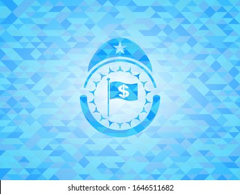 flag with money symbol inside icon inside light blue emblem with triangle mosaic background