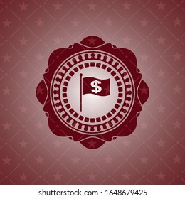 bandera con símbolo de dinero dentro de un icono dentro de un emblema rojo realista