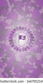 flag with money symbol inside icon on pink and purple camo texture