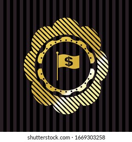 flag with money symbol inside icon inside golden badge