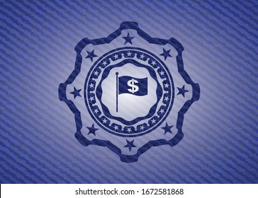 flag with money symbol inside icon inside emblem with jean texture