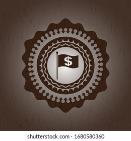 flag with money symbol inside icon inside realistic wood emblem