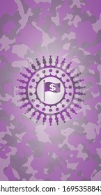 bandera con símbolo de dinero dentro icono en el modelo de camo rosa