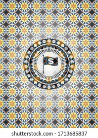 flag with money symbol inside icon inside arabic style badge. Arabesque decoration. 