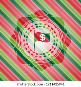 marca con símbolo de dinero dentro del icono dentro del emblema del estilo de los colores de navidad. 