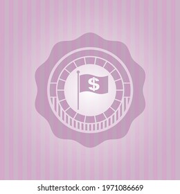 flag with money symbol inside icon inside pink icon or emblem. Flat design. 