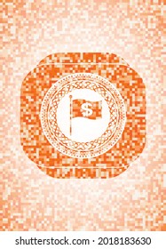 flag with money symbol inside icon inside abstract orange mosaic emblem with background. 