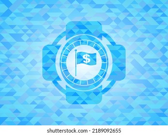 Fahne mit Geldsymbol innerhalb einer Ikone in realistischem Himmelsblau-Mosaikemblem. 