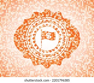 Fahne mit Geldzeichen innerhalb einer Ikone innerhalb eines abstrakten Emblems, orangefarbener Mosaikhintergrund. 