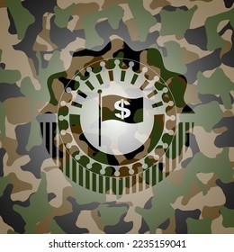 Flag mit Geldzeichen im Inneren Symbol auf Camo Textur. 