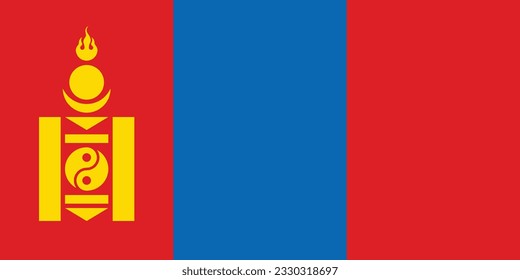 The flag of Mongolia. Flag icon. Standard color. Standard size. A rectangular flag. Computer illustration. Digital illustration. Vector illustration.