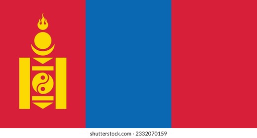 The flag of Mongolia. Flag icon. Standard color. Standard size. A rectangular flag. Computer illustration. Digital illustration. Vector illustration.