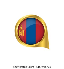 Flag of Mongolia, location map pin, pointer flag Mongolia, button gold, Icon country . Vector Illustration EPS10.