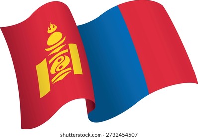 Bandeira da Mongólia. Bandeira estilo fita que transmite uma sensação de movimento e efeito de ondulação. As curvas elegantes e sombreamento realista criam uma sensação de movimento. Ideal para projetos internacionais, materiais de viagem e apresentações culturais.